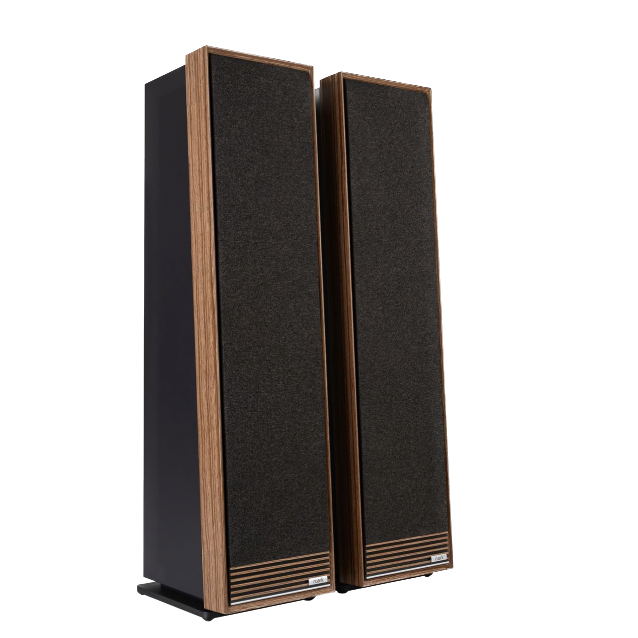 Ruark Talisman-R Floorstanding Speakers in Walnut and with grille, angled side by side