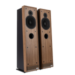 Ruark Talisman-R Floorstanding Speakers in Walnut and without grille, angled side by side