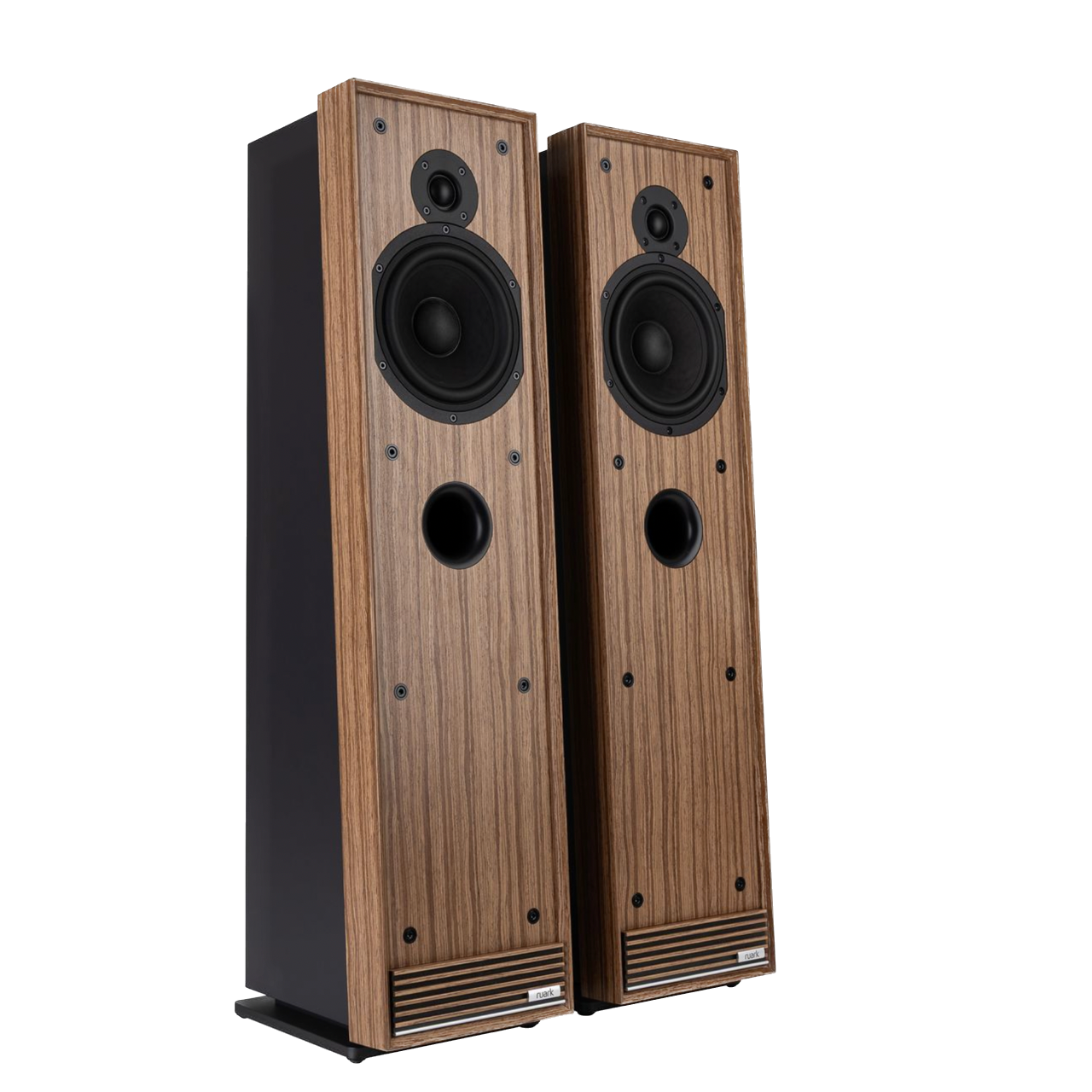 Ruark Talisman-R Floorstanding Speakers in Walnut and without grille, angled side by side