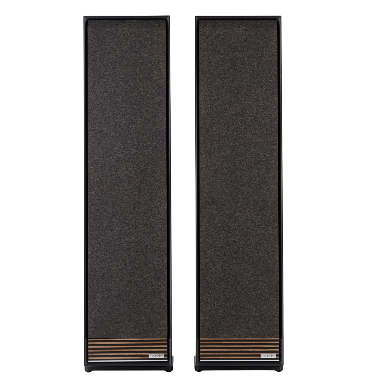 Ruark Talisman-R Floorstanding Speakers in Charcoal with grille, front view, side by side