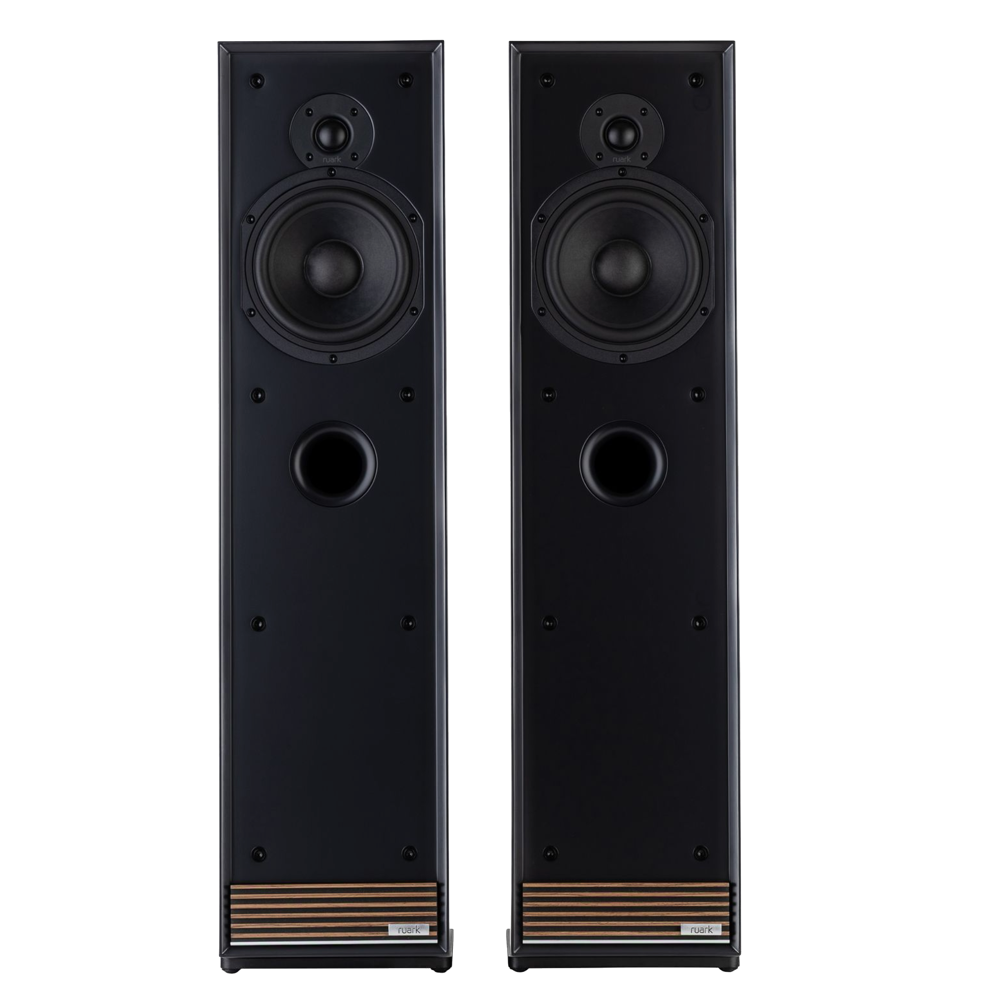 Ruark Talisman-R Floorstanding Speakers in Charcoal without grille, front view, side by side