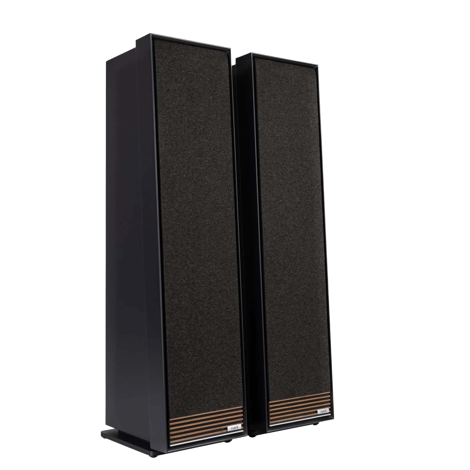 Ruark Talisman-R Floorstanding Speakers in Charcoal and with grille, angled side by side