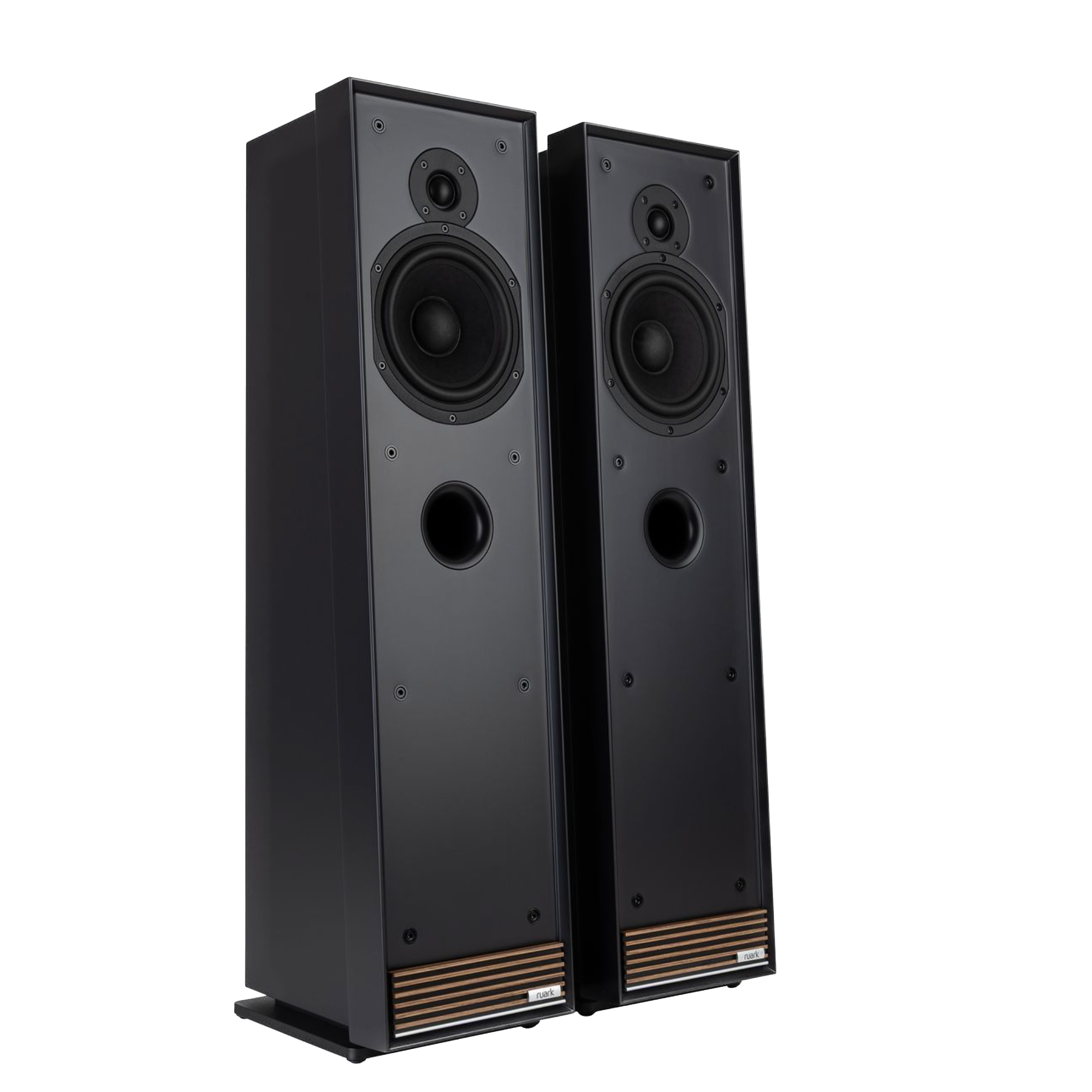 Ruark Talisman-R Floorstanding Speakers in Charcoal and without grille, angled side by side