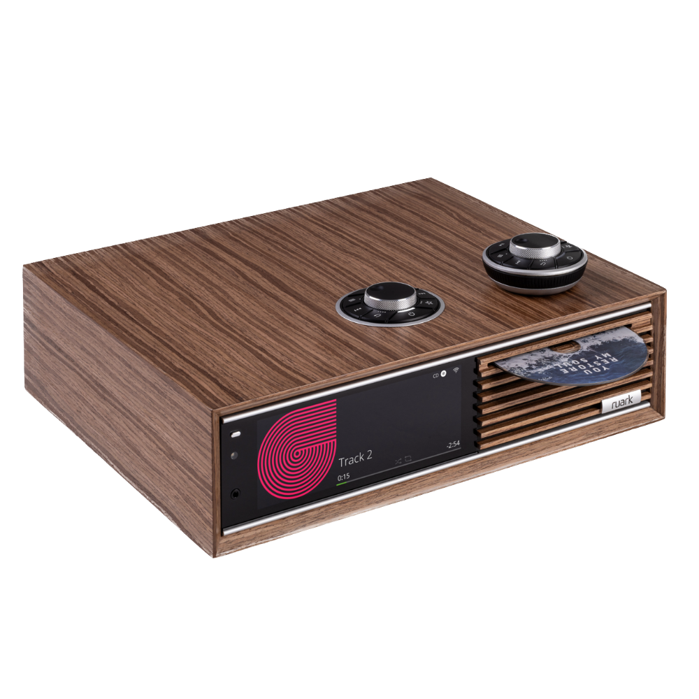 Ruark Audio R710 Music Console in Walnut, angled image showing CD Slot