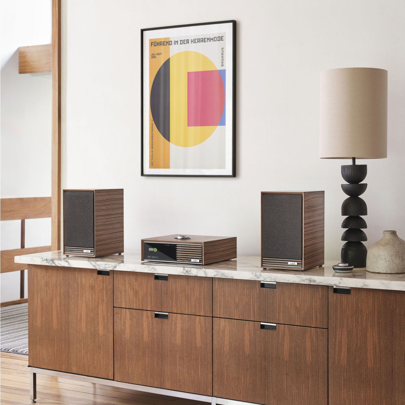 Ruark Audio R610 and Sabre-R Streaming System in fused Walnut.  In room setup