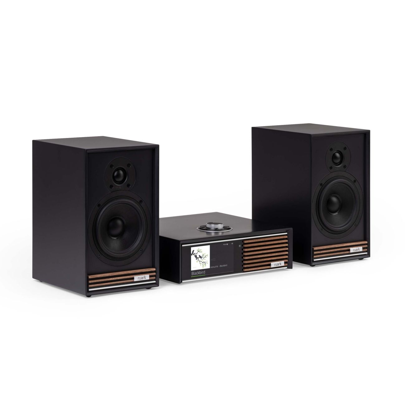 Ruark Audio R610 and Sabre-R Streaming System in Satin Charcoal, angled view, no grille on speakers