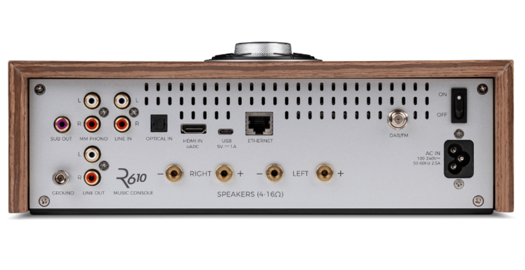 Ruark Audio R610 Music Console in Fused Walnut Veneer with Walnut Slat Trim, back