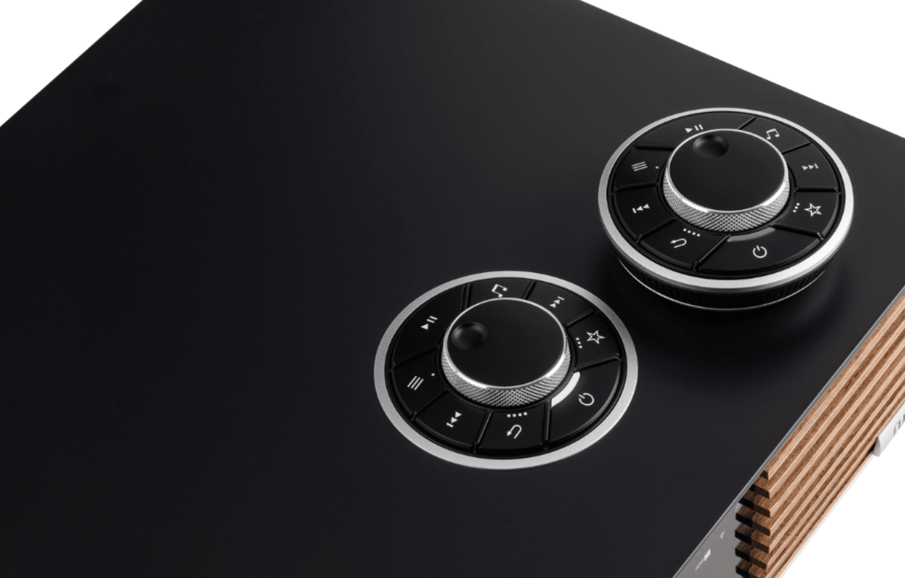 Ruark Audio R610 Music Console in Satin Charcoal Lacquer  with Walnut Slat Trim, controls