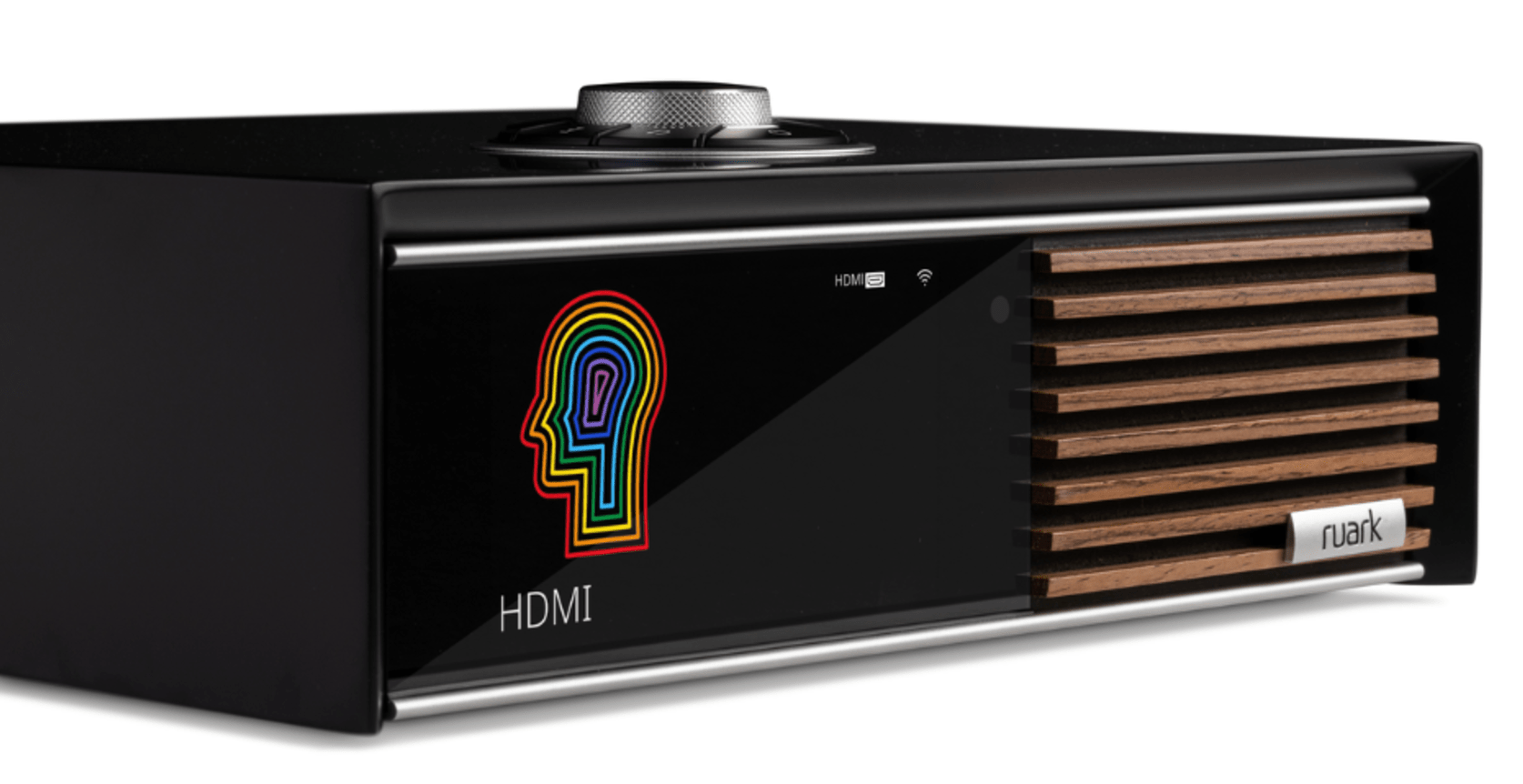 Ruark Audio R610 Music Console in Satin Charcoal Lacquer  with Walnut Slat Trim, angled view