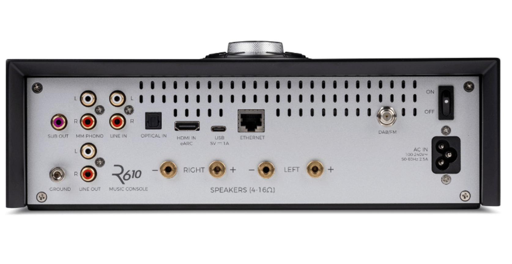 Ruark Audio R610 Music Console in Satin Charcoal Lacquer  with Walnut Slat Trim, back