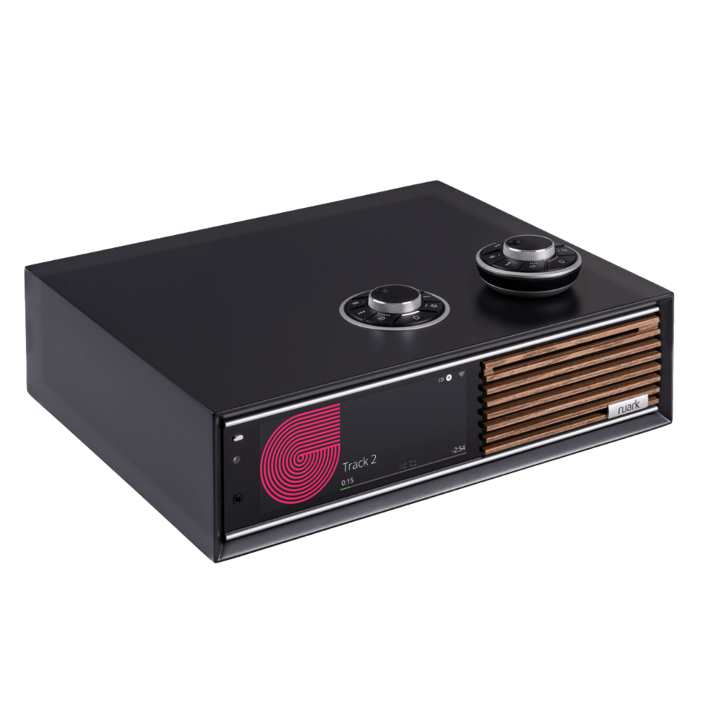Ruark Audio R710 Music Console in Charcoal, angled image showing CD Slot and remote
