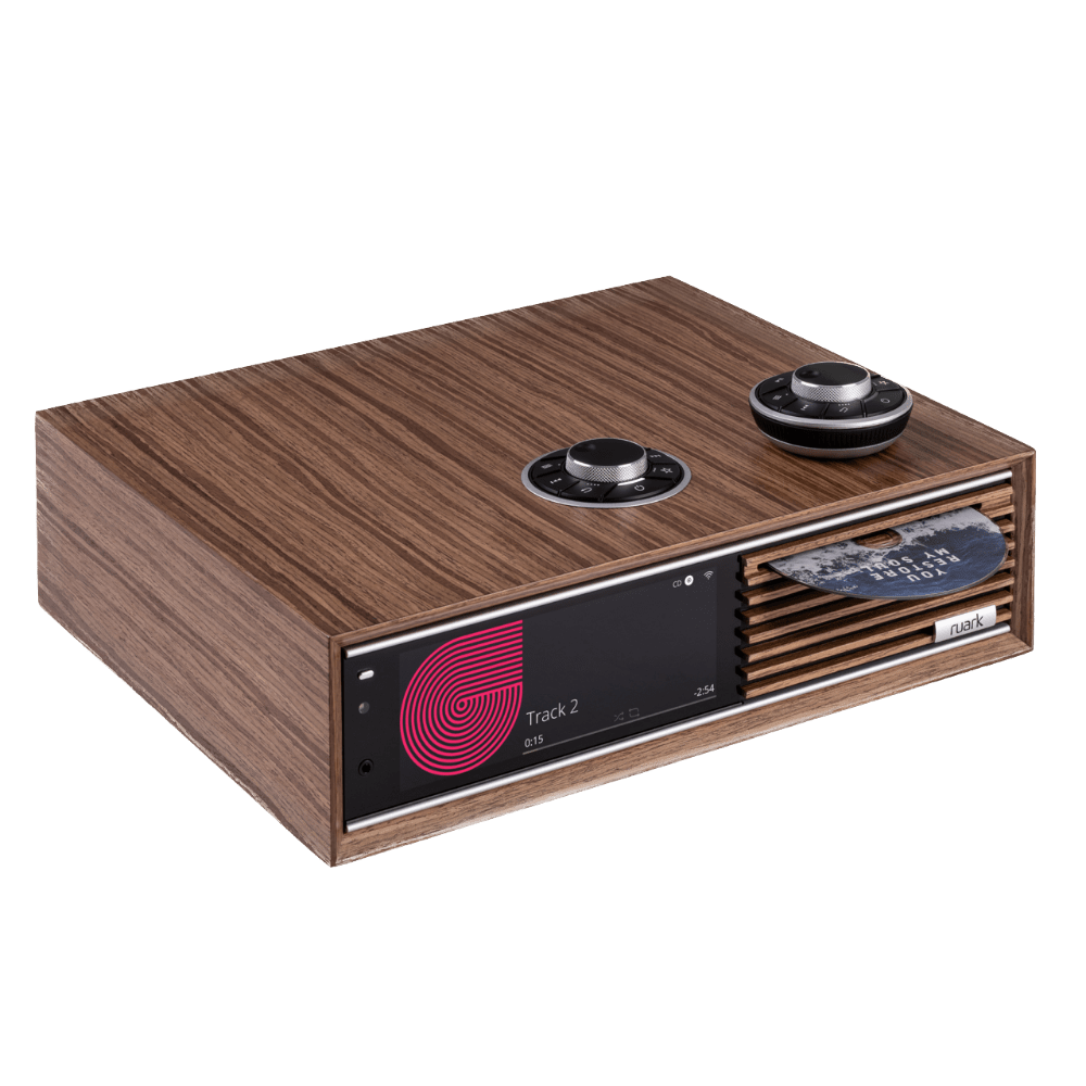 Ruark Audio R710 Music Console in Walnut, angled image showing CD Slot