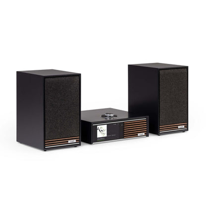 Ruark Audio R610 and Sabre-R Streaming System in Satin Charcoal, angled view, with grille on speakers