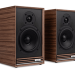 Ruark Sabre-R Bookshelf Speakers in Fused Walnut Veneer with Walnut Slat Trim, angled, no Grilles
