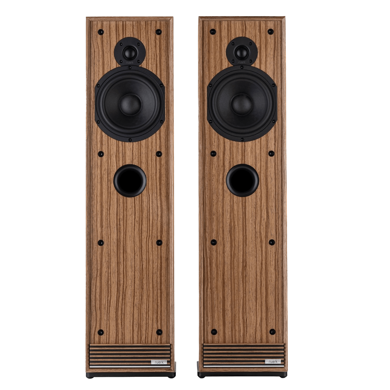 Ruark Talisman-R Floorstanding Speakers in Walnut and without grille, front view, side by side