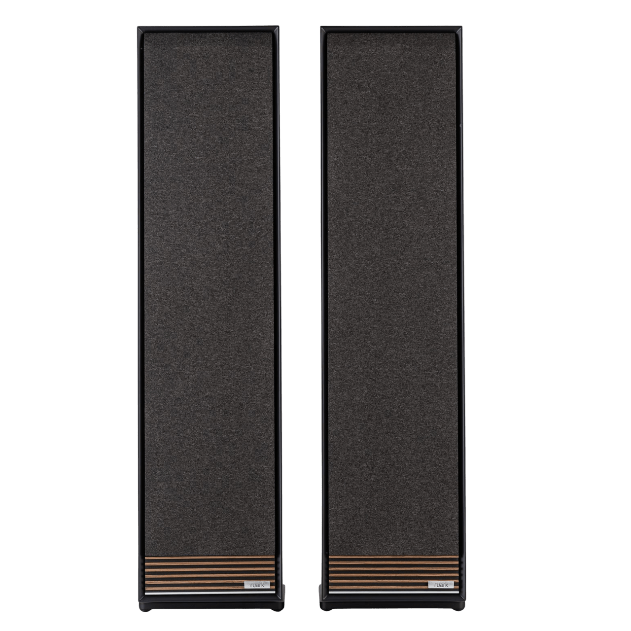 Ruark Talisman-R Floorstanding Speakers in Charcoal with grille, front view, side by side