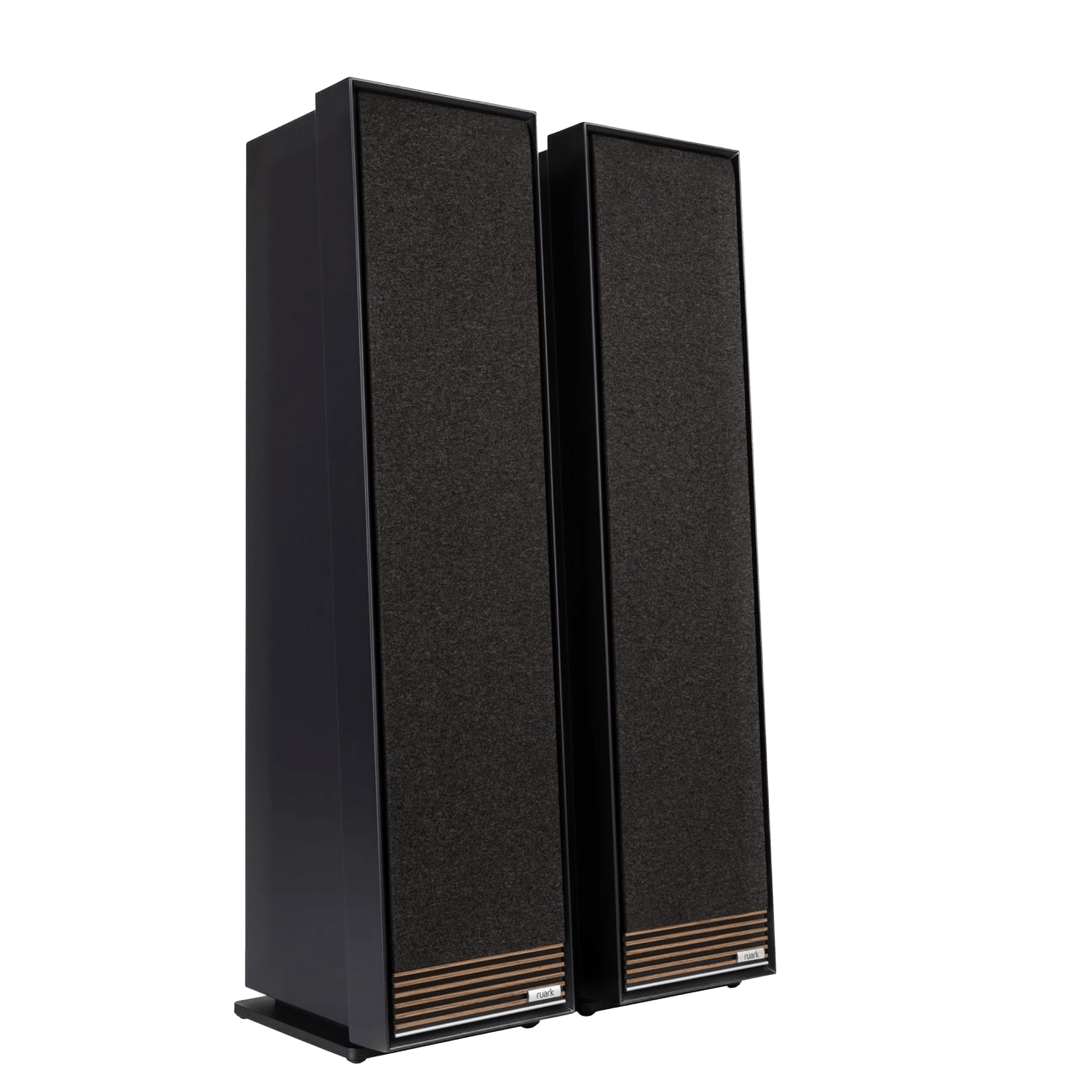 Ruark Talisman-R Floorstanding Speakers in Charcoal and with grille, angled side by side