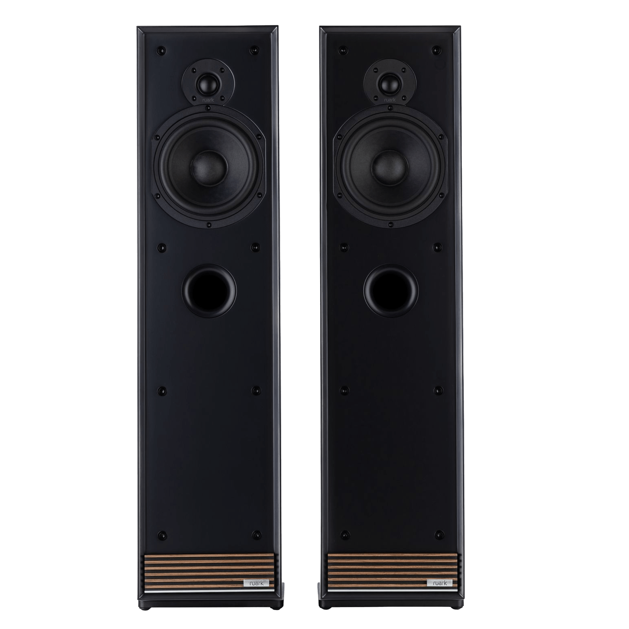 Ruark Talisman-R Floorstanding Speakers in Charcoal without grille, front view, side by side