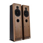 Ruark Talisman-R Floorstanding Speakers in Walnut and without grille, angled side by side