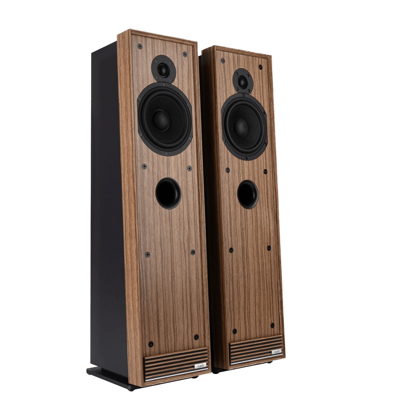 Ruark Talisman-R Floorstanding Speakers in Walnut and without grille, angled side by side