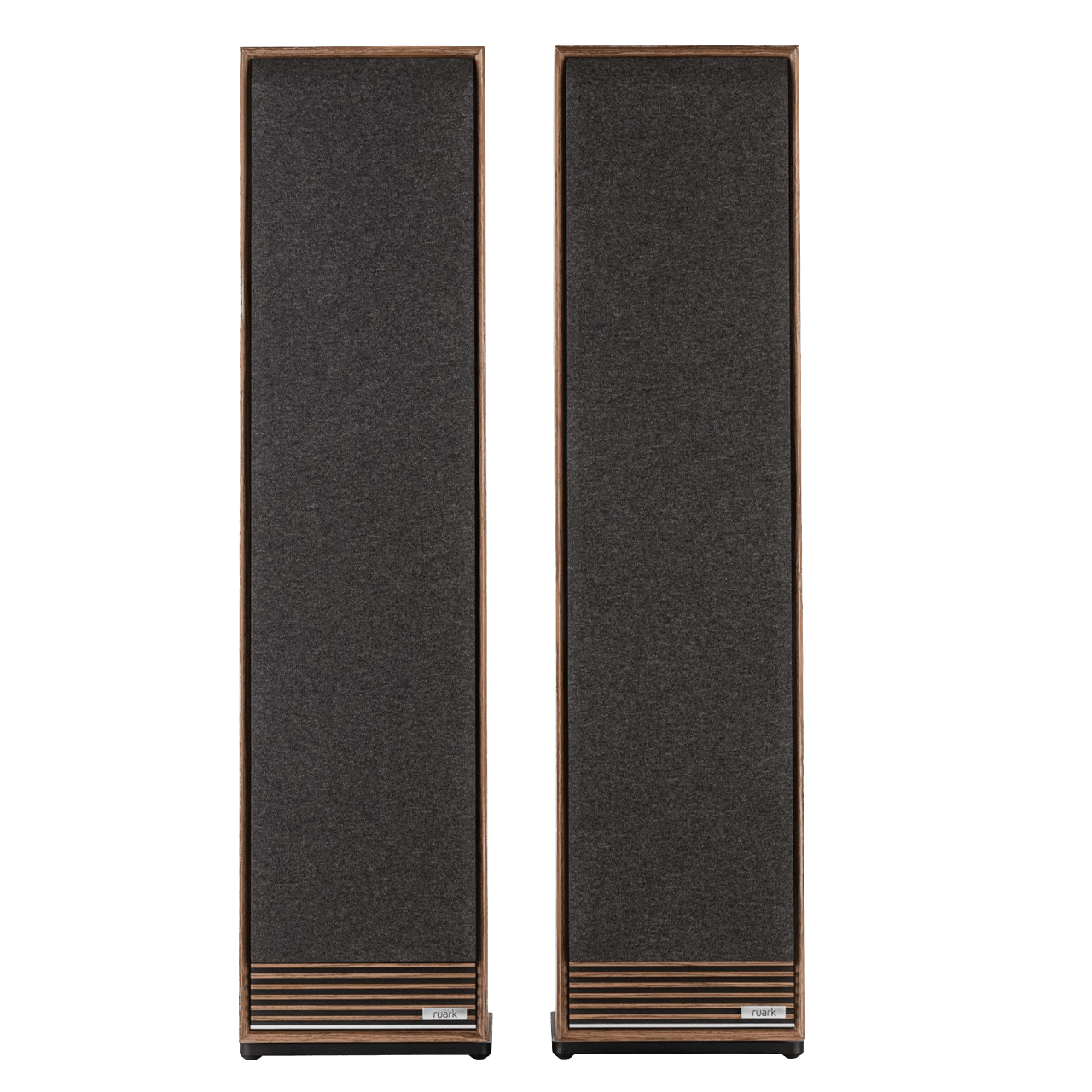 Ruark Talisman-R Floorstanding Speakers in Walnut and with grille, front view, side by side