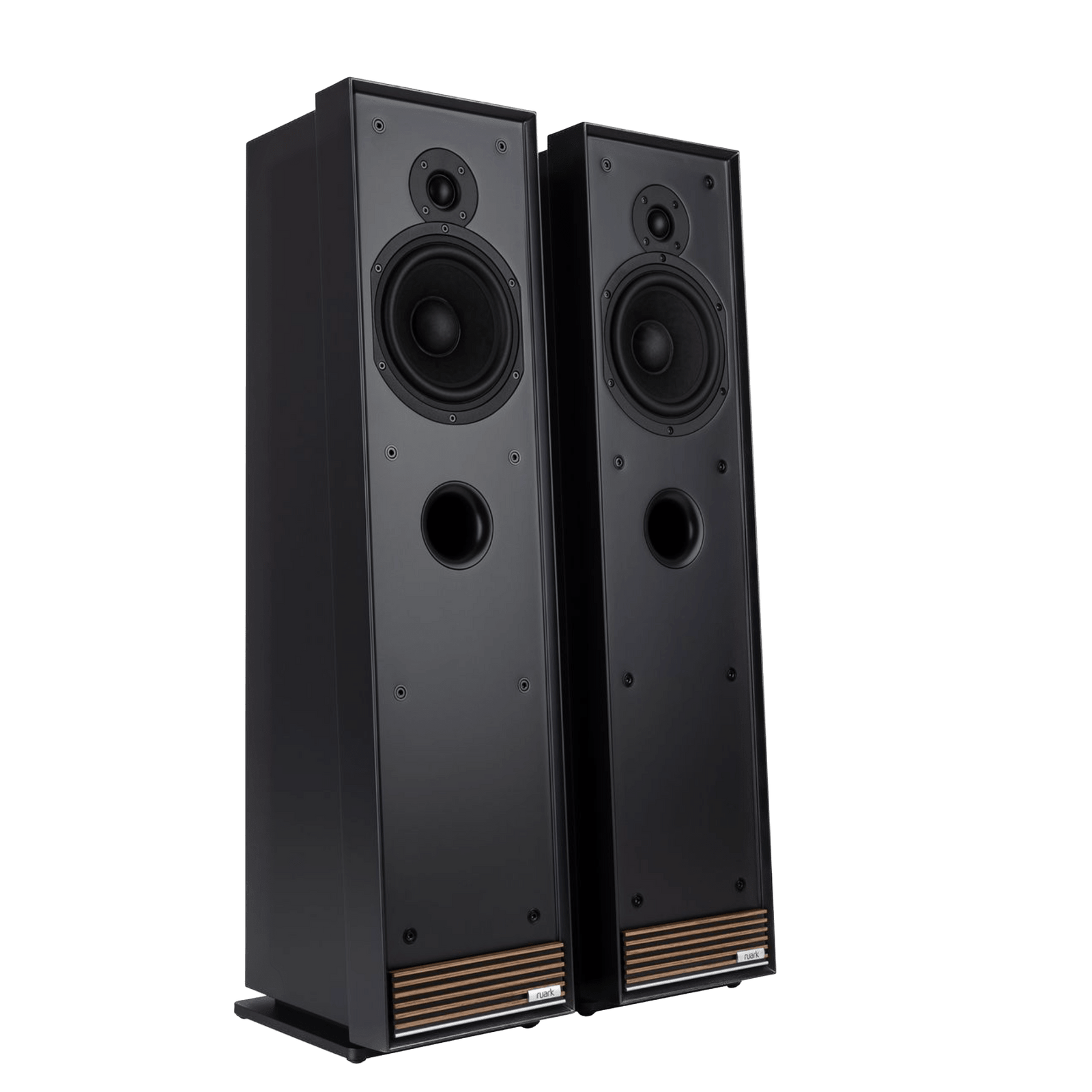 Ruark Talisman-R Floorstanding Speakers in Charcoal and without grille, angled side by side