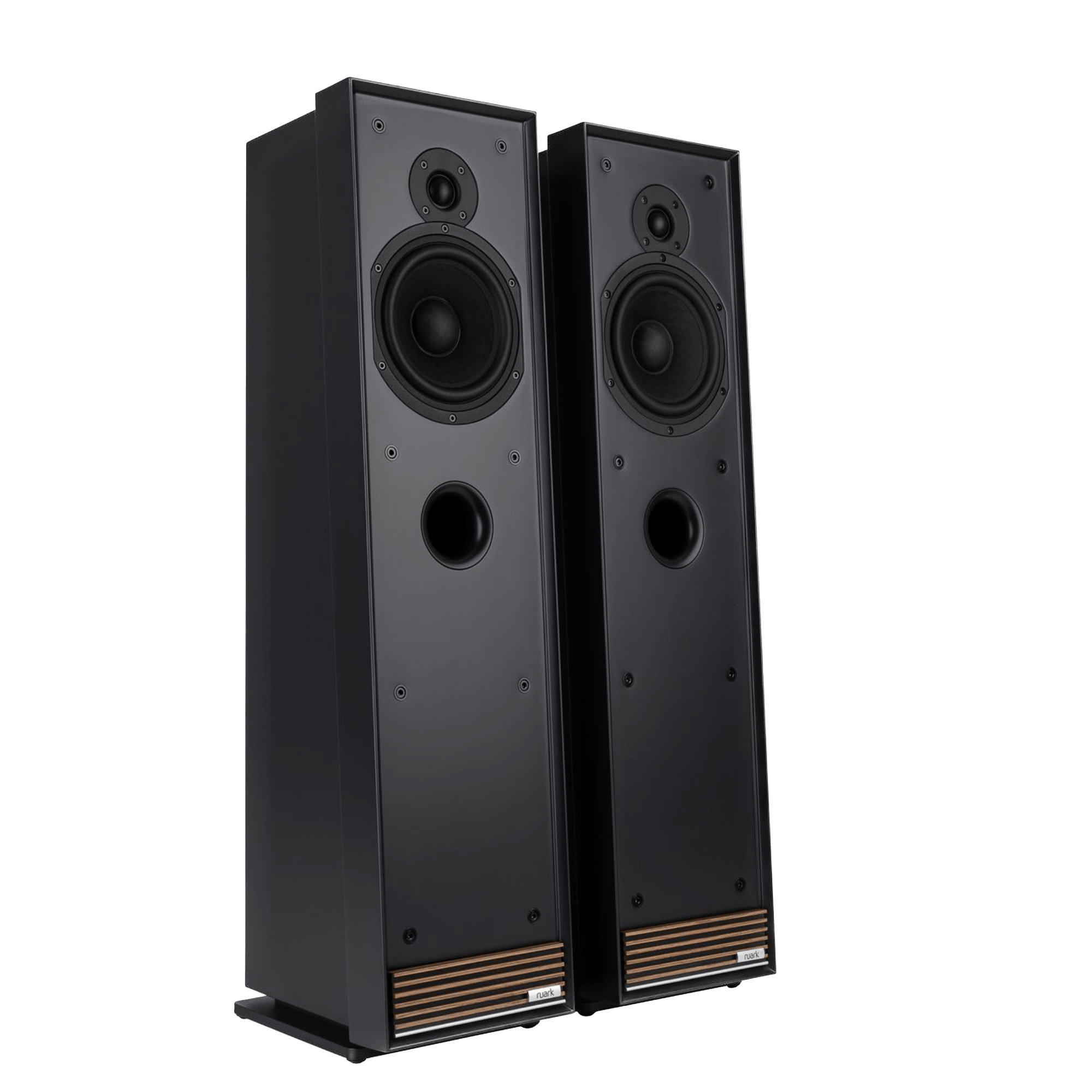 Ruark Talisman-R Floorstanding Speakers in Charcoal and without grille, angled side by side