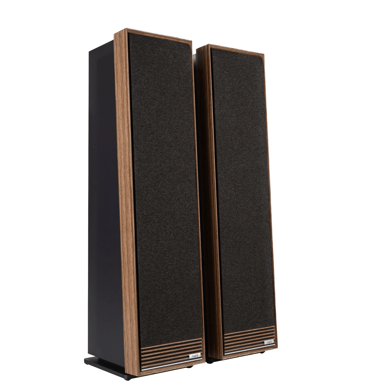 Ruark Talisman-R Floorstanding Speakers in Walnut and with grille, angled side by side