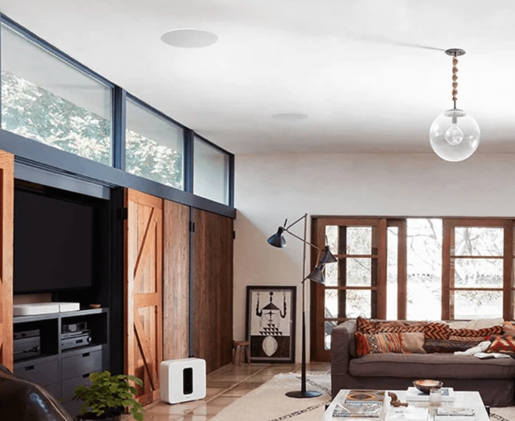 Sonos 8" In-Ceiling Speakers, in ceiling view of lounge room