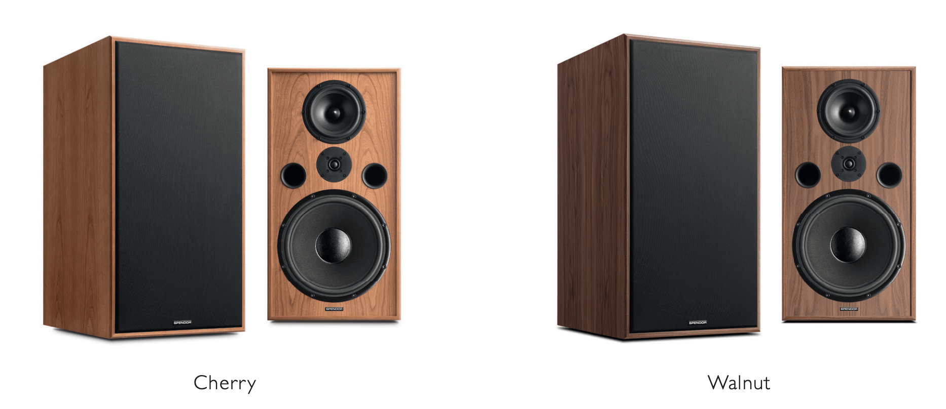 Spendor Classic 100 Bookshelf Speakers.  Image shows both finishes, side by side