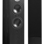 Spendor D9.2 Floorstanding Speakers in Black Ash.  Image shows one speaker without grille, the other with grille