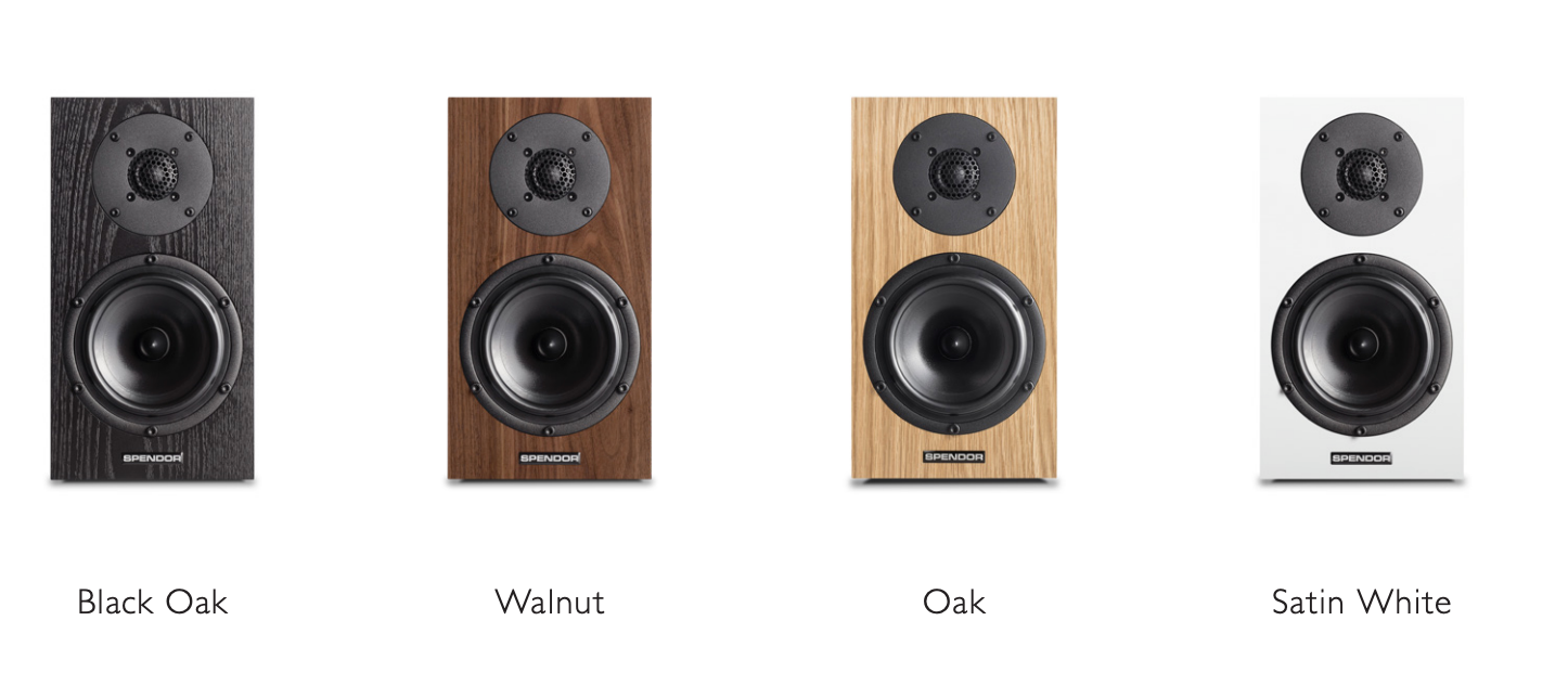 Spendor AW1 On-Wall Speakers. Image shows range of finishes