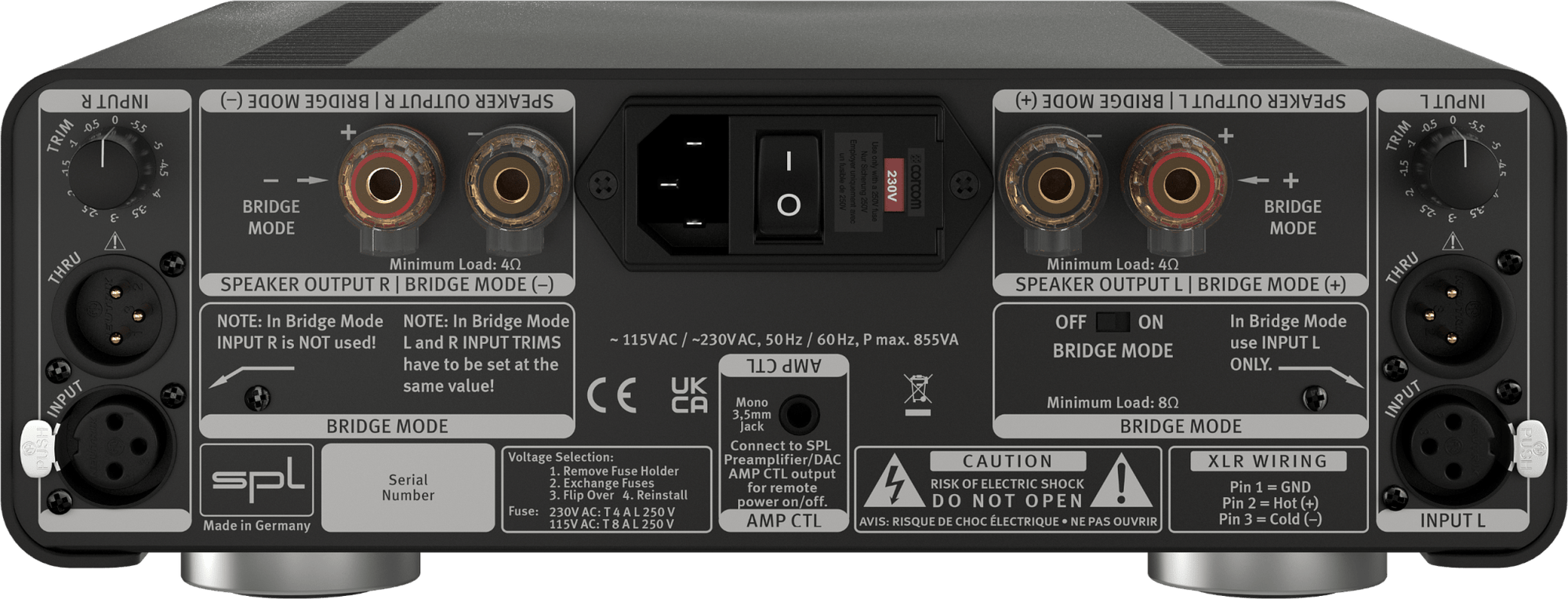 SPL Audio Performer s800 Stereo Power Amplifier in black, rear image