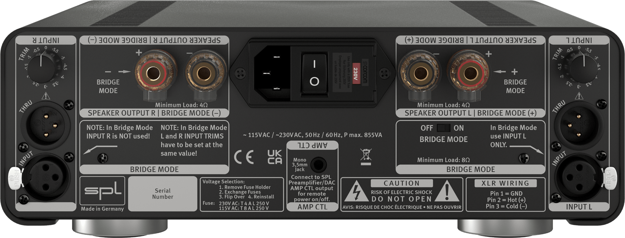 SPL Audio Performer s800 Stereo Power Amplifier in black, rear image