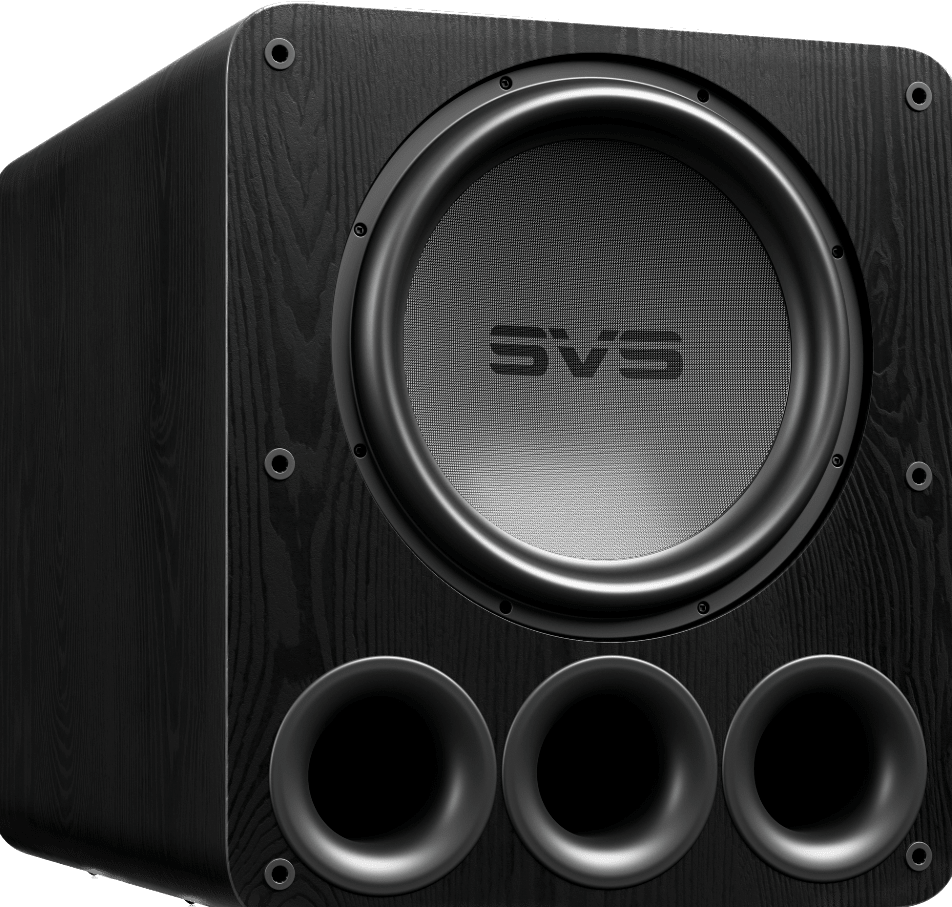 SVS PB-5000 R|Evolution Ported Box Subwoofer in Black Ash angled without Grille