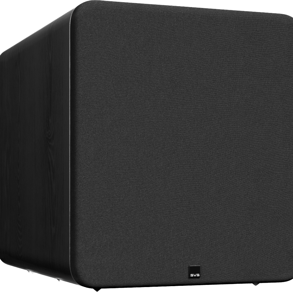 SVS PB-5000 R|Evolution Ported Box Subwoofer in Black Ash angled with Grille