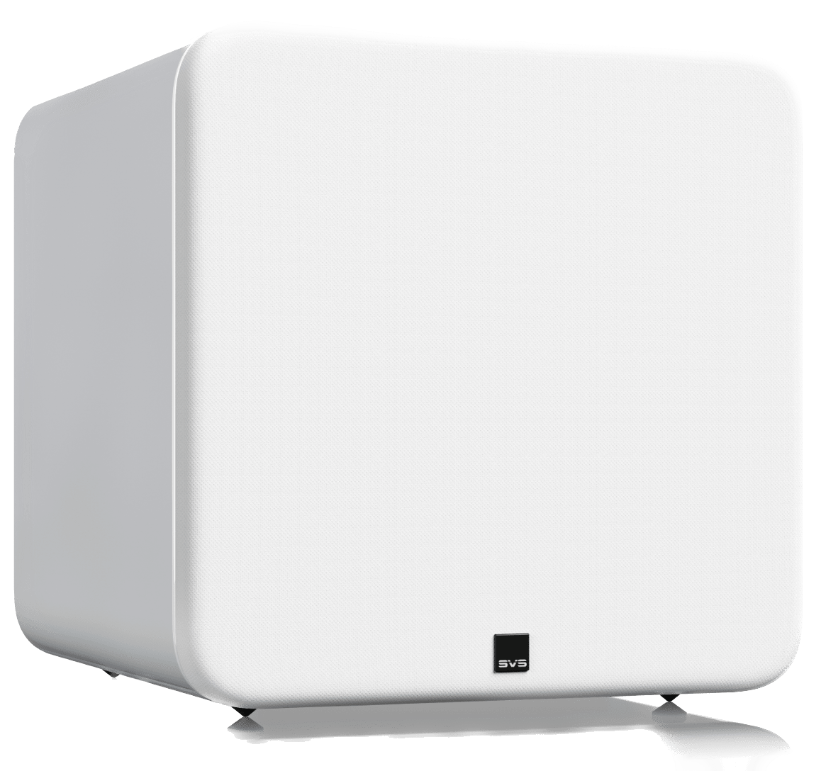 SVS SB-5000 R|Evolution Sealed Box Subwoofer in Gloss White, angled with grille