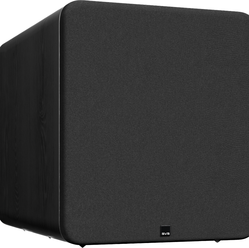 SVS PB-5000 R|Evolution Ported Box Subwoofer in Black Ash angled with Grille