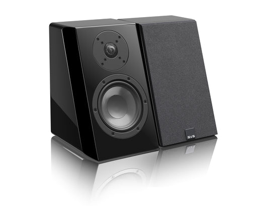 SVS Ultra Elevation Wall Speakers in Piano Black.  Image shows pair, with and without mesh
