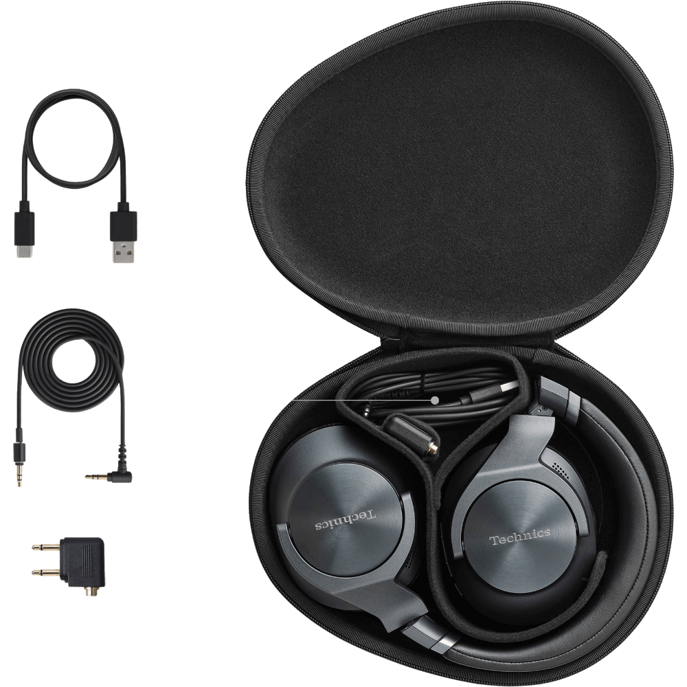 Technics EAH-A800 Noise Cancelling Headphones in Black, in their case with included accessories
