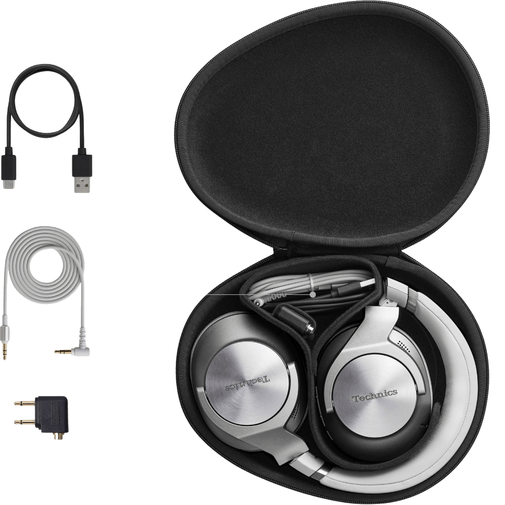 Technics EAH-A800 Noise Cancelling Headphones in Silver, in their case with included accessories
