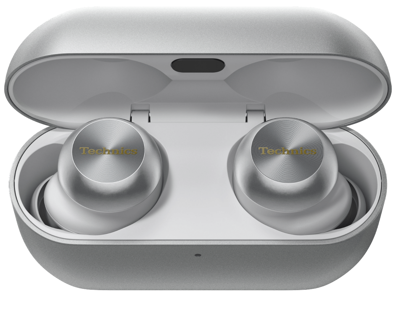 Technics EAH-AZ100 True Wireless Earbuds with Magnetic Fluid Driver in SIlver, in their case