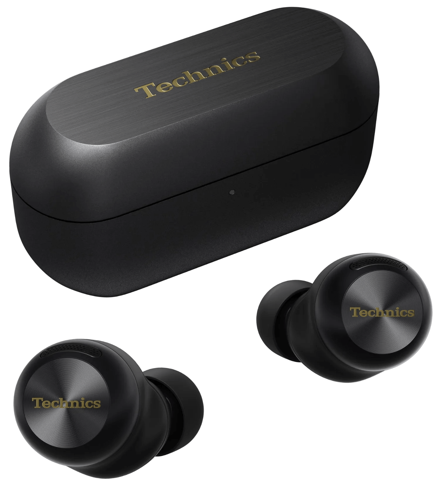 Technics EAH-AZ100 True Wireless Earbuds with Magnetic Fluid Driver in Black, with their case