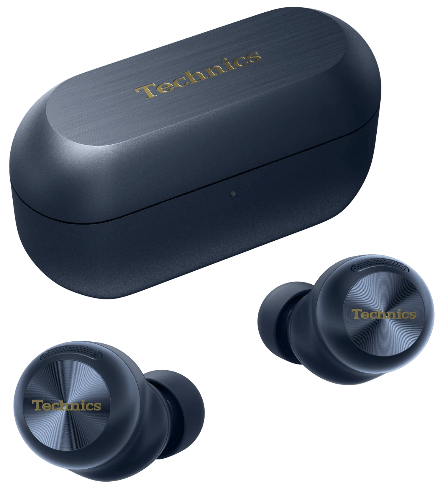 Technics EAH-AZ100 True Wireless Earbuds with Magnetic Fluid Driver in Midnight Blue, with their case