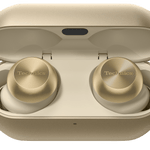 Technics EAH-AZ100 True Wireless Earbuds with Magnetic Fluid Driver in Champagne Gold, in their case