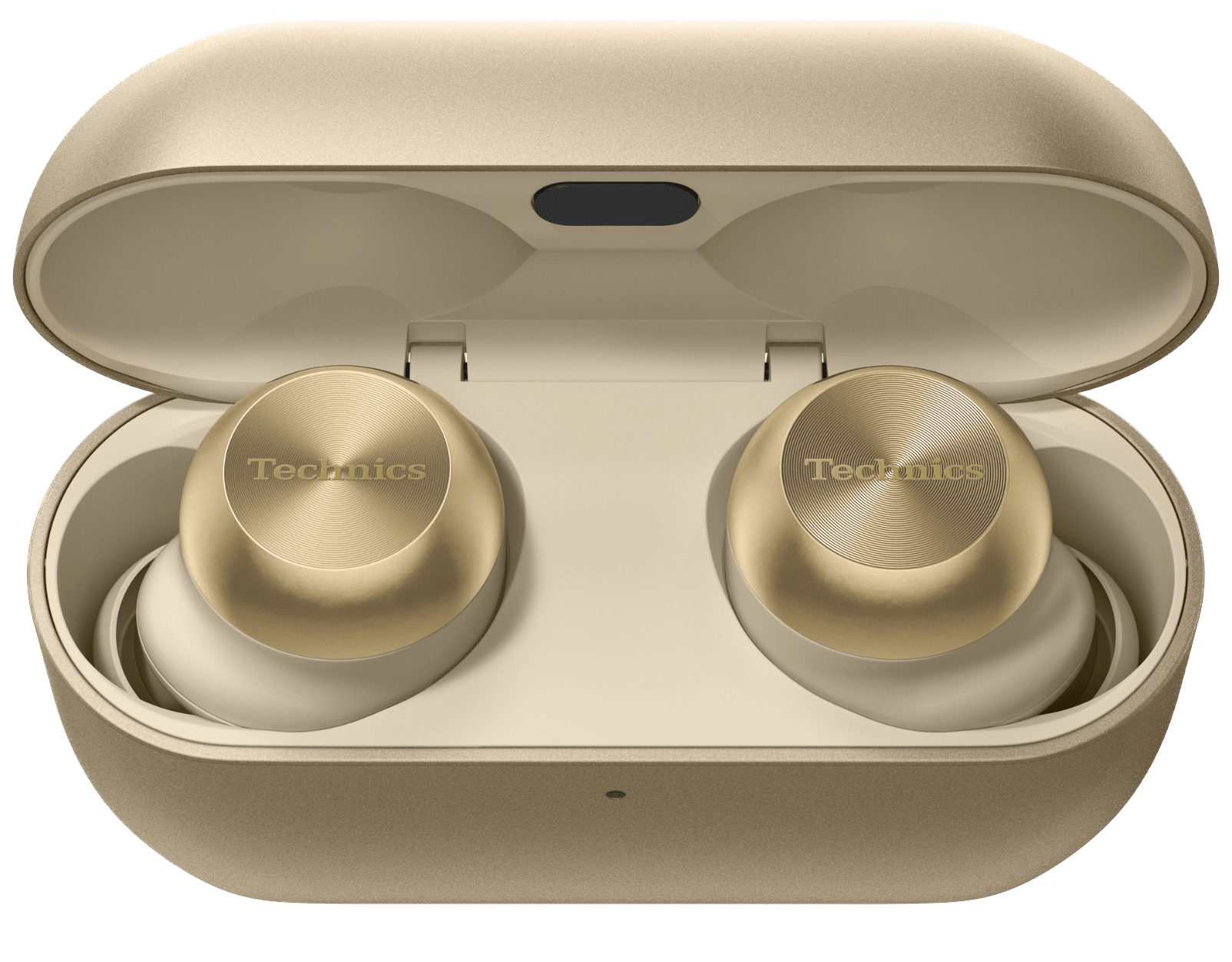 Technics EAH-AZ100 True Wireless Earbuds with Magnetic Fluid Driver in Champagne Gold, in their case
