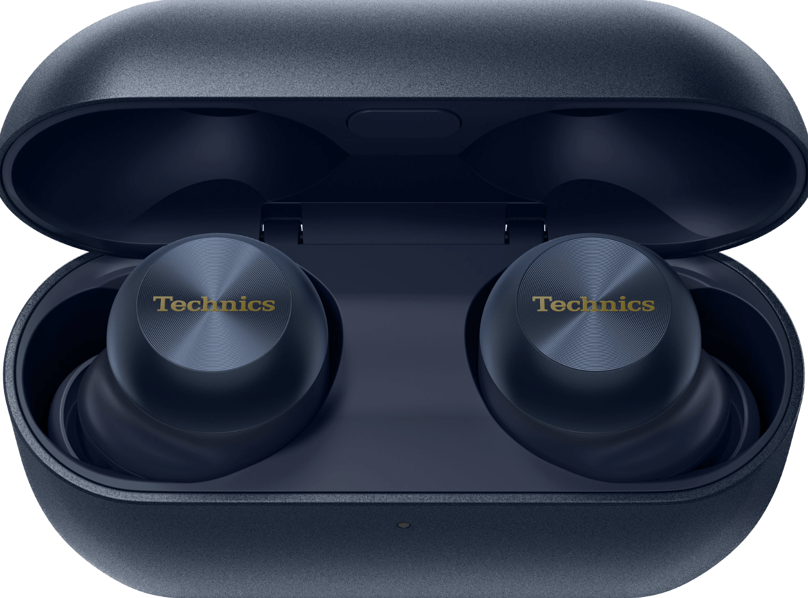 Technics EAH-AZ100 True Wireless Earbuds with Magnetic Fluid Driver in Midnight Blue, in their case