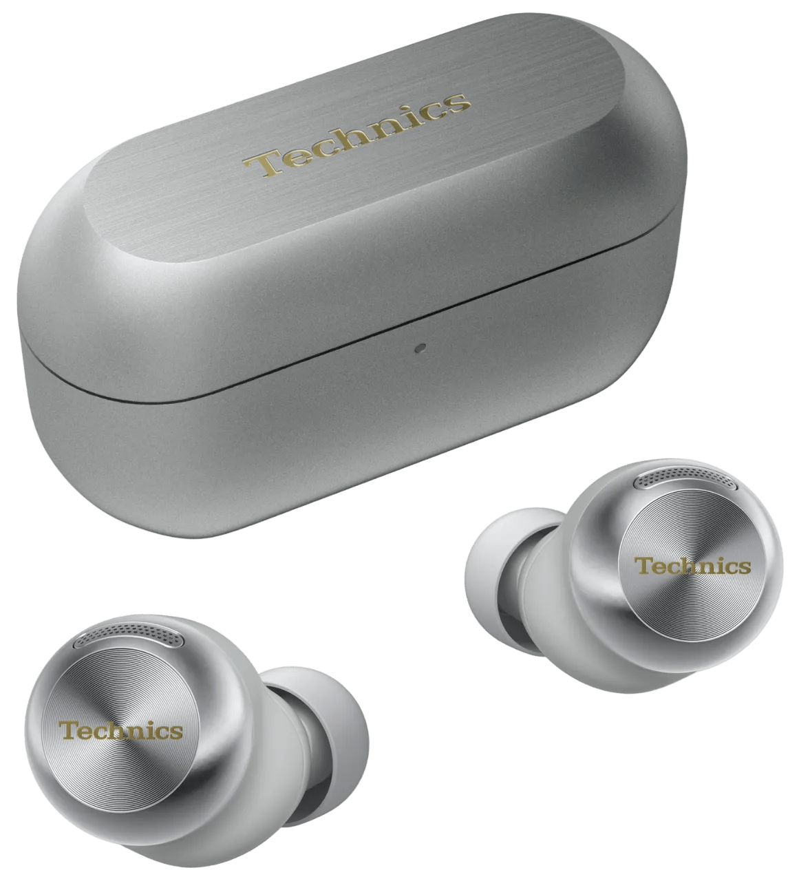 Technics EAH-AZ100 True Wireless Earbuds with Magnetic Fluid Driver in SIlver, with their case