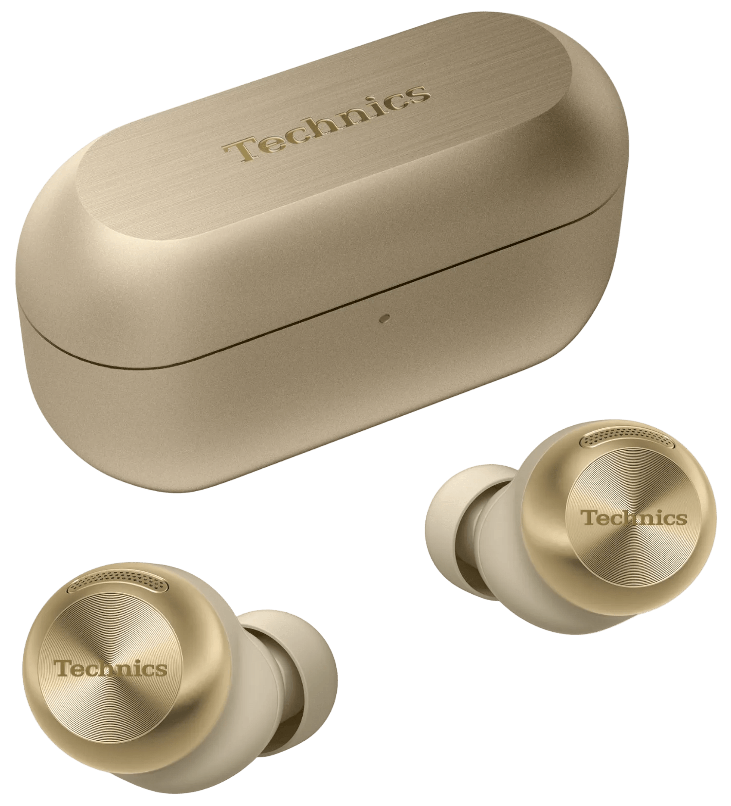 Technics EAH-AZ100 True Wireless Earbuds with Magnetic Fluid Driver in Champagne Gold, with their case