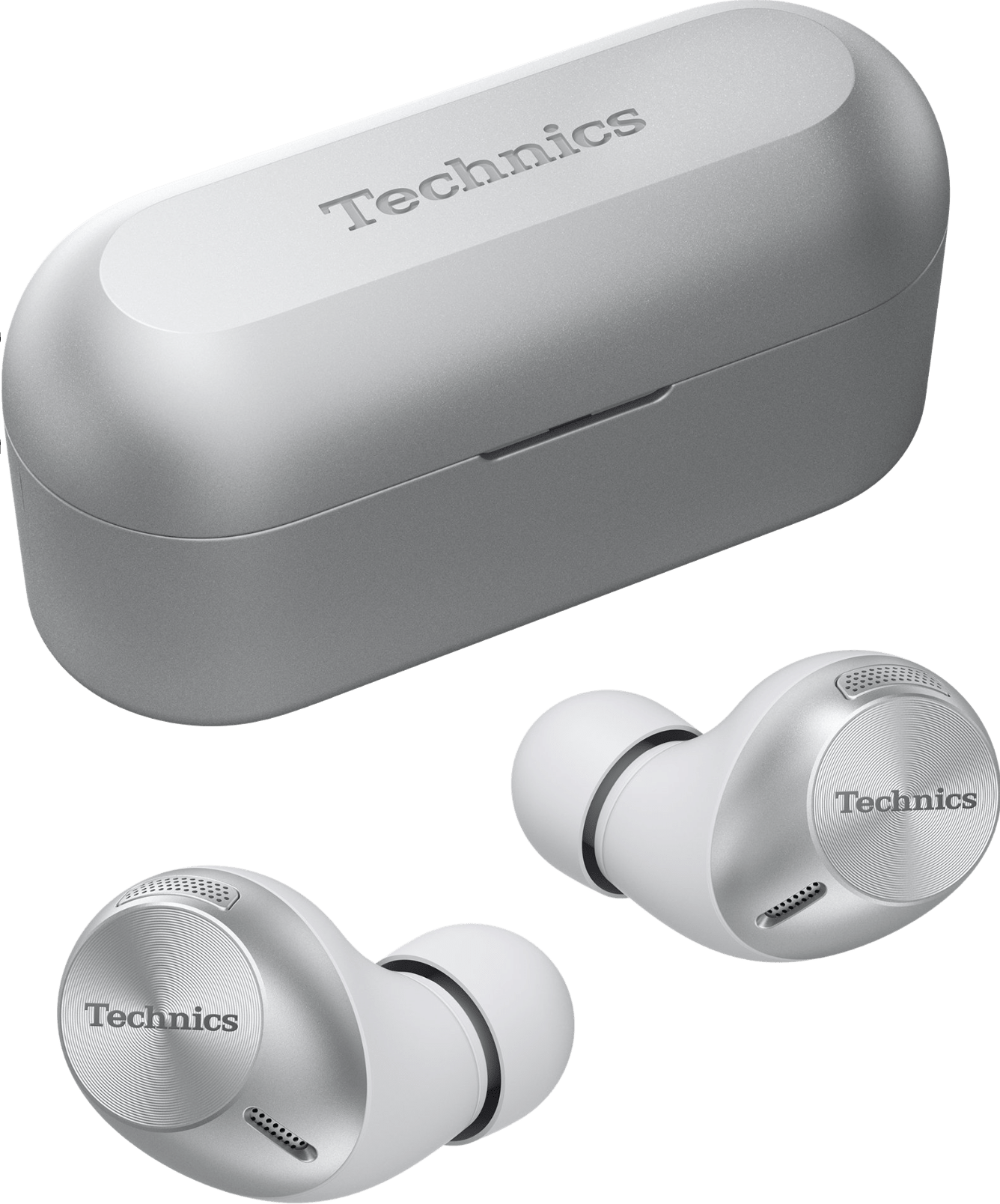 Technics EAH-AZ40M2 True Wireless Noise Cancelling Earbuds with Multipoint Bluetooth in Silver, with their case